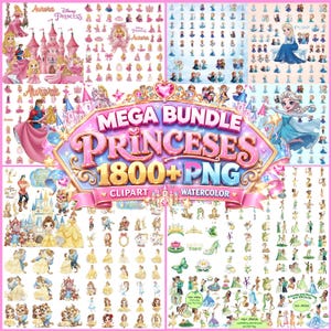 Puede incluir: Una colección digital de imágenes prediseñadas de princesas Disney con Aurora, Elsa y Belle en varias poses, atuendos y escenas. El gráfico central muestra el texto MEGA BUNDLE PRINCESES 1800+ PNG CLIPART WATERCOLOR con un icono de corona y castillo.