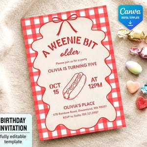 May include: A rectangular birthday invitation template featuring a red and white gingham background and a central beige scalloped label. The text reads A WEENIE BIT older, OLIVIA IS TURNING FIVE, OCT 15 AT 12PM, OLIVIA'S PLACE, 678 Rainbow Road, Dreamland, WA 98001, RSVP to Stella 789.321.0987, with a hot dog illustration.
