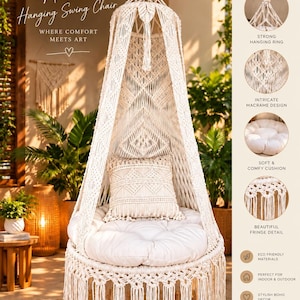 Puede incluir: Una silla colgante de macramé color crema con un patrón de nudos intrincado, una base circular con flecos largos y un cojín cuadrado a juego. La silla incluye un cojín redondo blanco suave y una anilla de metal resistente para colgar.