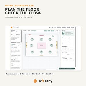 May include: An interactive browser tool interface titled Smart Event Layout with the text Plan the floor. Check the flow. The screen displays a digital floor plan grid with circular guest tables, a rectangular dance floor, and sidebar menus.