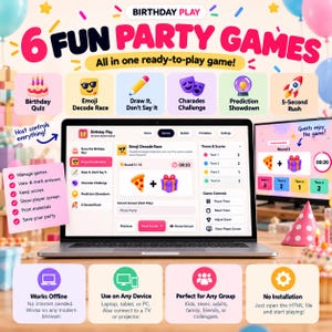 インタラクティブな誕生日パーティーゲーム – 6種類のゲーム、カスタムゲーム作成ツール、オフラインHTML、A4サイズ印刷用データ