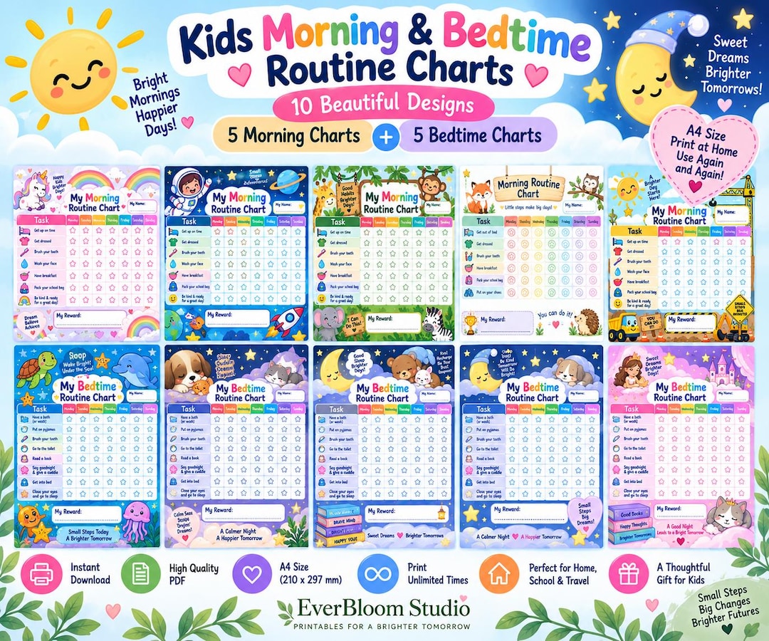 Tableaux des routines du matin et du soir pour enfants, 10 modèles à ...