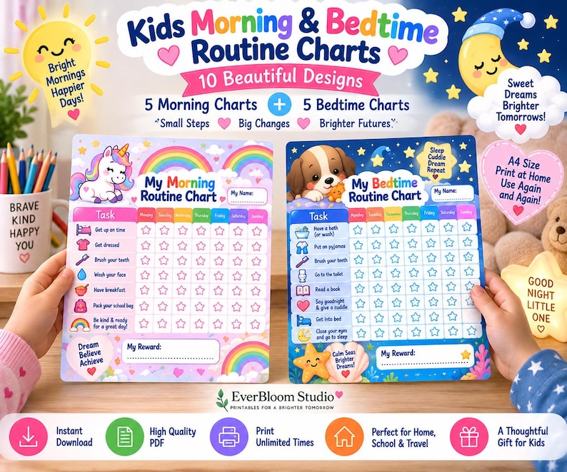 Tableaux des routines du matin et du soir pour enfants, 10 modèles à ...