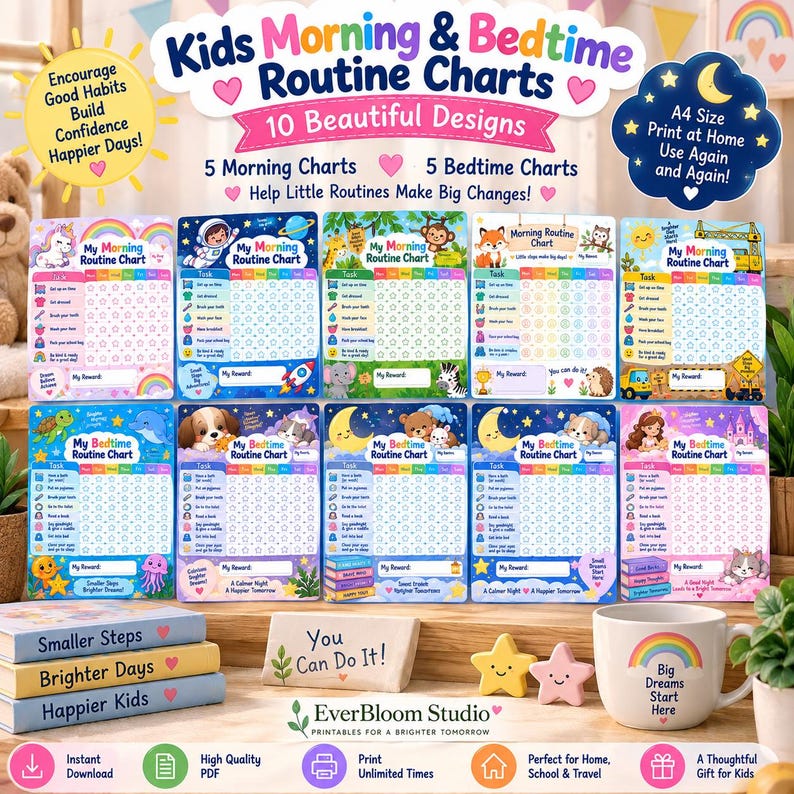 Tableaux des routines du matin et du soir pour enfants, 10 modèles à ...