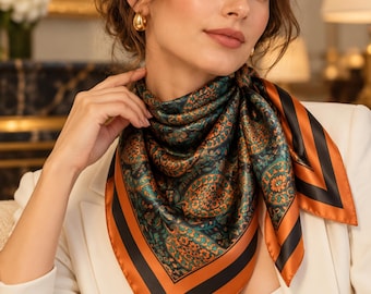 Quadratischer Schal mit Paisley-Muster in Türkis-Orange, seidenweich, vielseitiges Accessoire (70 x 70 cm)