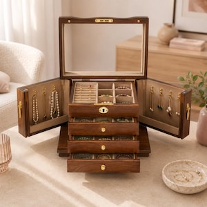 May include: A dark brown wooden jewelry box with a glass top lid, two side-opening doors with gold hooks for necklaces, and three pull-out drawers with gold knobs. The interior is lined with beige fabric, featuring ring slots and compartments.