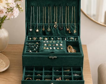 Scatola portagioie grande in velluto, astuccio multistrato per accessori, porta collane, regalo per lei, con cassetto estraibile