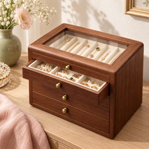 Könnte beinhalten: Eine rechteckige Schmuckschatulle aus Holz mit dunkelbraunem Finish, ausgestattet mit einem Glasdeckel und drei ausziehbaren Schubladen. Das Innere ist mit cremefarbenem Stoff ausgekleidet und enthält verschiedene Ringe, Ketten und Ohrringe.