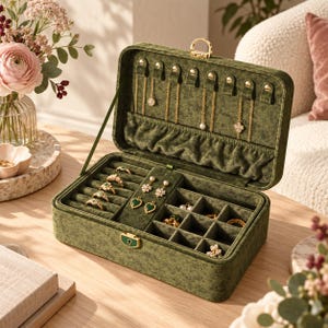 May include: A rectangular olive green velvet jewelry box with a gold-tone latch and keyhole. The interior features a lid with hooks for necklaces, a ring roll section, and multiple square compartments for organizing various jewelry pieces.