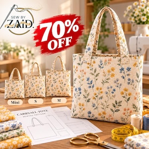 May include: A collection of four tote bags in varying sizes, labeled Mini, S, and M, featuring a cream fabric with a blue and yellow floral print. A sewing pattern sheet titled CARRYALL TOTE, a yellow measuring tape, and thread spools.