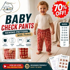 Baby Pants Sewing Pattern PDF, Toddler Elastic Waist Trousers 0-3M to 3T, Kids Pants with Pockets, Gingham Check Pants Digital Download
