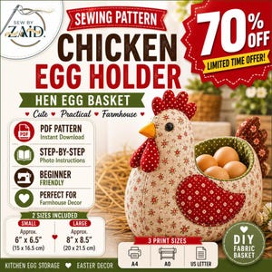 May include: A fabric chicken egg holder sewing pattern featuring a beige body with a small floral print, a red polka dot comb and wattle, and a red floral wing. The holder contains four brown eggs. Text includes SEWING PATTERN CHICKEN EGG HOLDER.