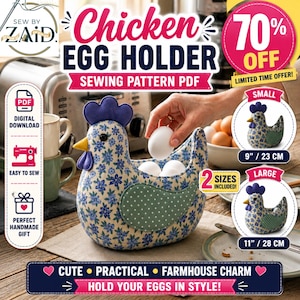 May include: A fabric chicken egg holder sewing pattern PDF featuring a blue floral print body, a solid purple comb and wattle, and a green polka dot wing. The design includes two sizes, 9 inches and 11 inches, for storing eggs in a kitchen setting.
