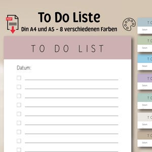 Könnte beinhalten: Eine digitale To-Do-Liste mit einem malvenfarbenen Kopfbereich mit dem Text TO DO LIST, einem Datumsfeld, Kontrollkästchen und horizontalen Linien. Das Set enthält acht Farbvarianten in den Größen A4 und A5, die als Stapel dargestellt sind.