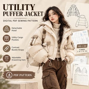 May include: A beige utility puffer jacket digital PDF sewing pattern featuring a detachable hood, cargo pockets, contrast buckle straps, and an adjustable drawstring hem. The design includes technical sketches and A0 plus A4 size options.