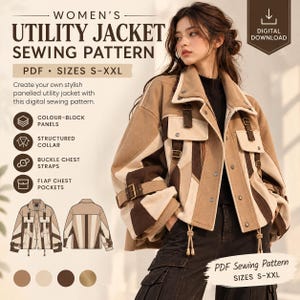 May include: A digital sewing pattern for a utility jacket with color-block panels, a structured collar, buckle chest straps, and flap chest pockets. The text reads Women's Utility Jacket Sewing Pattern PDF Sizes S-XXL.