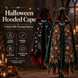 Halloween Hooded Cape Sewing Pattern , 2-Style Velvet Cloak (PDF)