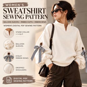 Women's Sweatshirt Sewing Pattern PDF, Eyelet Bow Sleeves