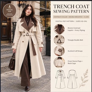 May include: A digital PDF sewing pattern for a trench coat featuring a double-breasted design, A-line silhouette, contrast brown lapels, ivory piping, a triangle buckle belt, buckled cuff straps, and front storm flaps with a back cape.