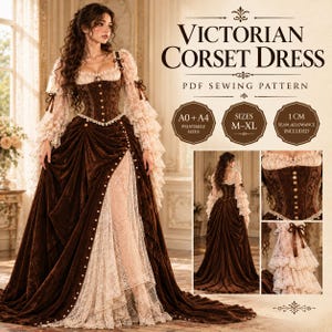 May include: A Victorian corset dress PDF sewing pattern featuring a brown velvet bodice and skirt with cream lace sleeves and underskirt. Text includes Victorian Corset Dress, PDF Sewing Pattern, A0 + A4, Sizes M-XL, and 1 cm seam allowance included.
