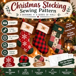 Peut inclure: Un patron de couture numérique pour chaussettes de Noël proposant trois modèles : un imprimé flocon de neige rouge, un motif écossais rouge et noir, et un patchwork multicolore. Inclut cinq tailles du S au XXL, imprimable en A4, US Letter et A0.