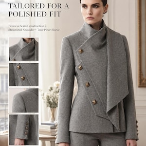 May include: A grey wool-blend blazer featuring an asymmetrical front closure with four pyramid-shaped metallic buttons, a high collar, and structured shoulders. The text reads: TAILORED FOR A POLISHED FIT, Princess Seam Construction, Structured Shoulder, Two-Piece Sleeve.