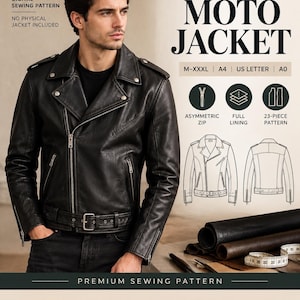 Patron de couture PDF pour veste de motard asymétrique en cuir pour homme, fermeture éclair, tailles M à XXXL