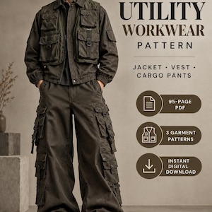 Op de afbeelding: Een digitaal naaipatroon voor utility werkkleding inclusief een jas, vest en cargobroek. De tekst luidt: MEN'S UTILITY WORKWEAR PATTERN, JACKET, VEST, CARGO PANTS, 95-PAGE PDF, 3 GARMENT PATTERNS, INSTANT DIGITAL DOWNLOAD, MEDIUM SIZE, DIGITAL PDF.