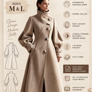 Pode incluir: Molde de costura para casaco longo de lã nos tamanhos M e L. O casaco possui gola funil, fecho assimétrico diagonal, mangas bufantes, quatro botões metálicos piramidais com botões de pressão ocultos e dois bolsos embutidos. Inclui guia técnico, manual de costura, diagramas passo a passo e arquivos de impressão de A0 a A4.