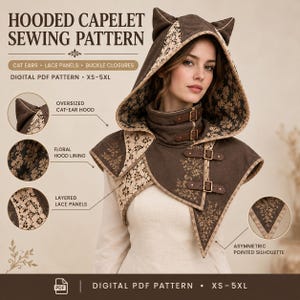 Fantasy Hooded Capelet Sewing Pattern, Cat Ear Hood, Lace Panels (PDF)