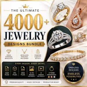 Könnte beinhalten: Eine digitale Werbegrafik mit dem Titel The Ultimate 4000+ Jewelry Designs Bundle, die Ringe aus Gold und Silber, eine Anhängerkette, Ohrstecker und ein Tennisarmband zeigt. Die Grafik enthält Symbole für CAD-, STL- und 3DM-Dateien.