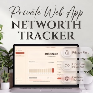 Może przedstawiać: Laptop z interfejsem Private Web App Networth Tracker, prezentujący pulpit nawigacyjny z wykresem wzrostu majątku, łączną wartością netto 129 500,00 $ oraz trzema matowymi przyciskami: Privacy First, One-Time Payment i Custom Themes.