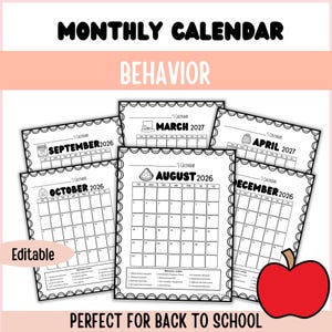 May include: A set of printable monthly behavior calendars for 2026 and 2027, featuring black and white pages with scalloped borders, seasonal icons, a grid for dates, and a behavior code section at the bottom. The text includes MONTHLY CALENDAR, BEHAVIOR, and Editable.