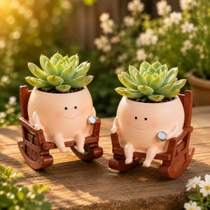 May include: Two light peach-colored ceramic planters shaped like round characters with simple faces, each holding a small silver circular object. Each planter sits in a miniature brown wooden rocking chair and contains a green succulent plant.