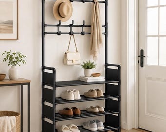 Zapatero con almacenamiento colgante, organizador de entrada de varios niveles, perchero para zapatos y sombreros, almacenamiento para pasillo que ahorra espacio