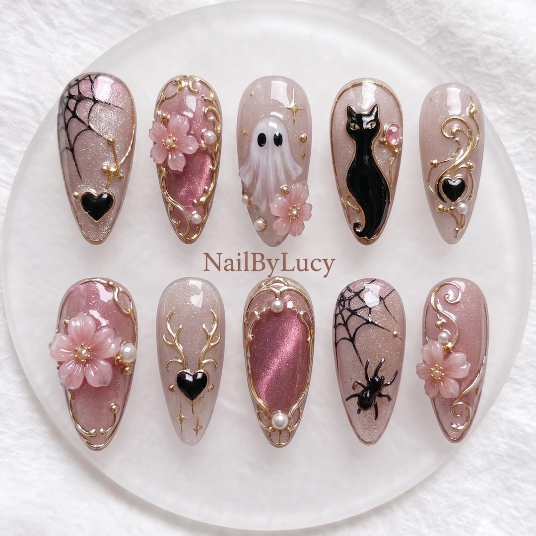Pastel Goth Press on Nails / 3D Ghost Cat Almond Nails / Pink Cat Eye Gel Nails / Cute Halloween Spooky False Nails - Etsy