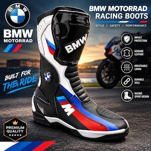 May include: A black, white, blue, and red BMW Motorrad racing boot featuring the BMW logo, the text BMW MOTORRAD RACING BOOTS, BUILT FOR THE RIDE, and PREMIUM QUALITY. The boot includes a high-gloss black shin guard and a textured leather upper.