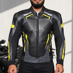 Giacca da motociclista in pelle da uomo, da corsa, protettiva, con protezioni, per sport, nera e gialla, da strada.
