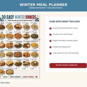 Könnte beinhalten: Ein digitaler Winter-Mahlzeitenplaner mit dem Titel 30 Easy Winter Dinners, der eine nummerierte Liste von Essensbildern mit Kontrollkästchen und Kochzeiten enthält. Die rechte Seite listet Funktionen sowie eine Einkaufsliste auf.