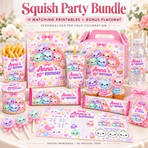 Può includere: Un set per feste Squish che include 11 articoli stampabili abbinati e una tovaglietta bonus. Il set comprende un contenitore per patatine, un sacchetto regalo, una scatola per snack, un'etichetta per bottiglia d'acqua, incarti per barrette, decorazioni per cupcake, lecca-lecca e un foglio di giochi, personalizzati con Anna's 10th Birthday.