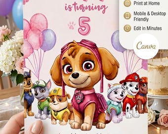 Puede incluir: Una tarjeta de invitación de cumpleaños con cachorros de dibujos animados en trajes coloridos, globos rosas y el texto Anna is turning 5. La tarjeta incluye detalles del evento para el sábado 12 de junio a las 12:00 pm en Ana's House, con el 777.878.22.96.