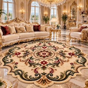May include: A large, round, cream-colored area rug featuring a central floral medallion surrounded by intricate, symmetrical scrolling patterns in shades of deep red, sage green, and brown, with a scalloped edge finish throughout the design.