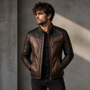 May include: A two-tone leather jacket featuring a distressed brown body with black leather sleeves and shoulder panels. The jacket includes a stand-up collar with a snap button, quilted shoulder detailing, a zippered chest pocket, and a front zipper.