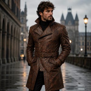 May include: A brown distressed leather trench coat featuring a high collar, a belted waist with a rectangular buckle, long sleeves with cuff straps, and two front flap pockets. The coat is worn over a black turtleneck sweater and dark trousers.