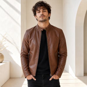 May include: A brown leather jacket featuring a mandarin collar with a snap button closure, a full-length front zip, and long sleeves. The jacket is worn over a black shirt and black trousers, showcasing a smooth texture and a structured fit.