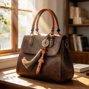 Puede incluir: Un bolso de mano marrón con un sutil estampado floral, que cuenta con dos asas trenzadas y un conjunto de adornos decorativos compuesto por una moneda de metal redonda, cuentas rojas, un colgante de madera en forma de espada y una borla multicolor.
