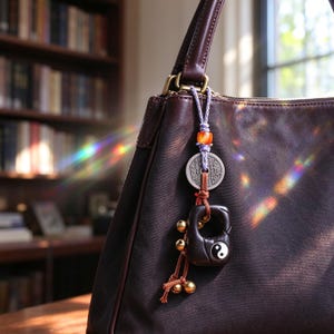 Könnte beinhalten: Eine dunkelbraune Ledertasche mit einem dekorativen Anhänger am Griff. Der Anhänger besteht aus einer silberfarbenen Münze, einem dunklen Holzring mit Yin-Yang-Symbol, kleinen Messingglöckchen und einer orangefarbenen Perle an einer Kordel.