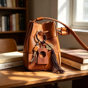 Könnte beinhalten: Eine hellbraune Beuteltasche aus glattem Leder und Wildleder mit Kordelzugverschluss und langem Schulterriemen. An dem Kordelzug hängt ein Metallring, der mit einem Holzanhänger, einer Metallmünze und einer dunkelbraunen Quaste verziert ist.