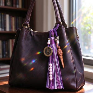 Könnte beinhalten: Eine dunkelbraune Ledertasche mit einem dekorativen Anhänger am Griff. Der Anhänger besteht aus einer violetten und lavendelfarbenen Quaste, hellrosa Perlen, einer runden bronzefarbenen Metallmünze mit geprägtem Text und einem geschnitzten Holzanhänger.