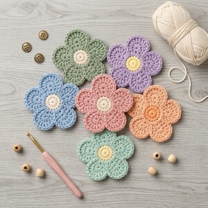 Puede incluir: Seis flores de ganchillo en verde salvia, lavanda, azul claro, rosa empolvado, melocotón y verde menta, cada una con un centro crema o amarillo. Incluye un ovillo de lana crema, un ganchillo dorado y varios botones y cuentas de madera.